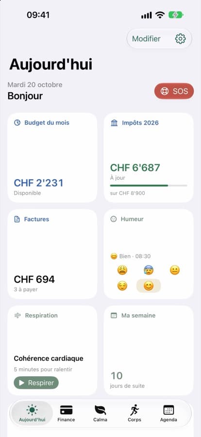 Orbe Life sur iPhone : écran Aujourd'hui